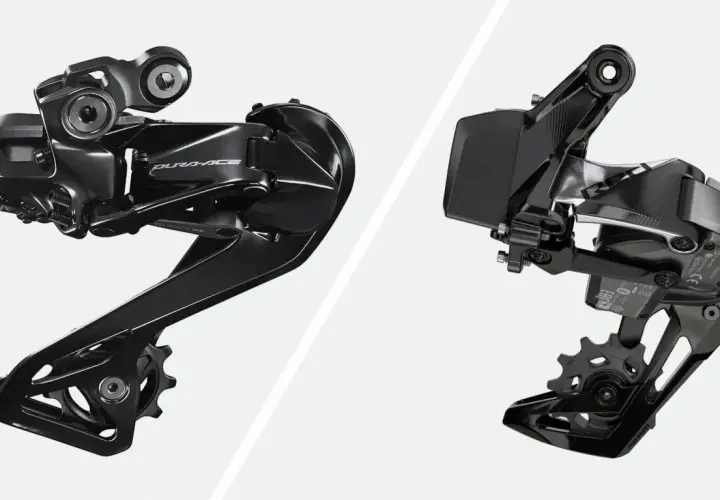 Left: Shimano Dura-Ace Di2 rear derailleur. Right: SRAM AXS rear derailleur. A visual comparison of these electronic shifting systems.