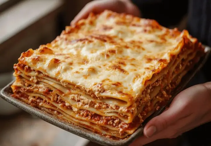 Une généreuse part de lasagne italienne, empilée de pâtes, sauce à la viande et fromage fondant. Parfait pour une recette lasagne italienne maison.