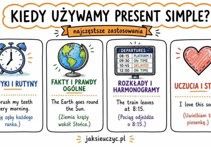 Ilustracja pokazuje, kiedy używamy present simple: nawyki (budowa "I brush my teeth"), fakty ("The Earth goes round"), rozkłady ("The train leaves") i uczucia ("I love this song").