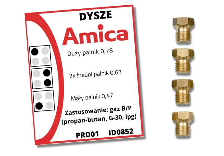 Dysze Amica do przystosowania kuchenki gazowej do gazu z butli (propan-butan, LPG). Zestaw zawiera dysze do palników o różnej wielkości.