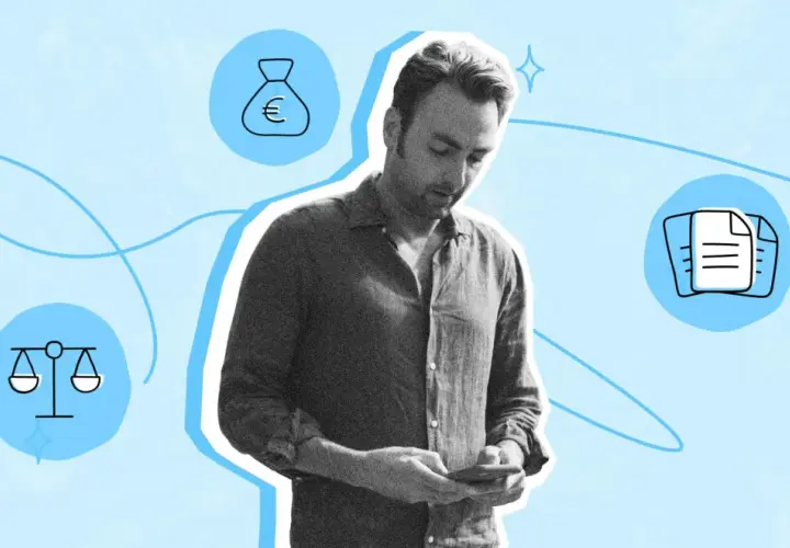 Un homme regarde son téléphone, entouré d'icônes symbolisant l'argent, la justice et des documents. Il pourrait s'agir d'une situation de nullité d'une reconnaissance de dette.