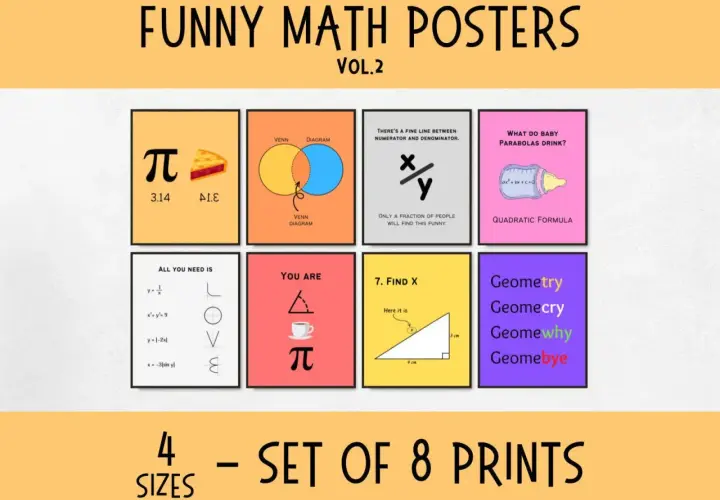 Humorvolle Poster, die Mathematik und Kunst vereinen: Pi als Kuchen, Venn-Diagramme, Brüche und mehr.