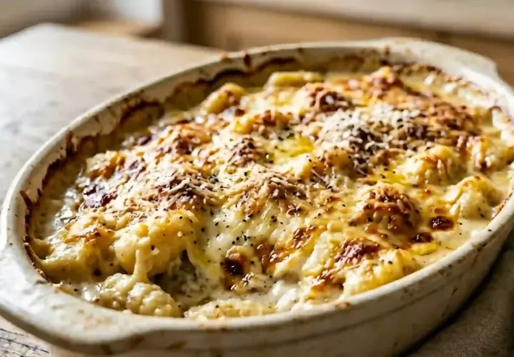 Un plat gratiné de gnocchi à la romaine, doré et appétissant, avec du fromage fondu et du poivre noir.
