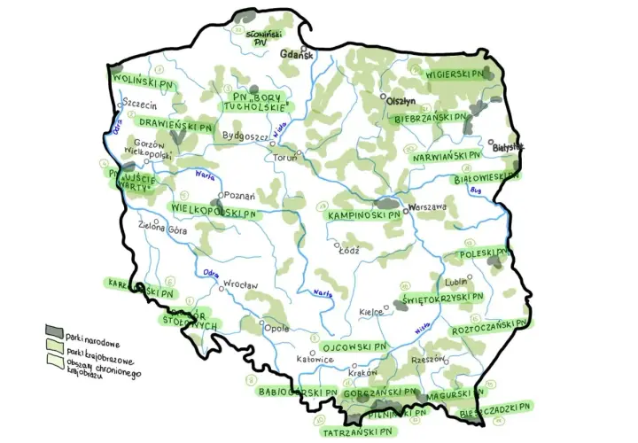 Mapa Polski z zaznaczonymi parkami narodowymi. Ile jest parków narodowych w Polsce? Na mapie widocznych jest 23 parki narodowe.