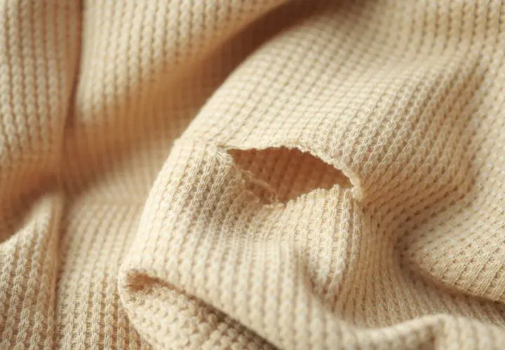 Uszkodzony beżowy sweter z dziurą. Dowiedz się, jak zacerować dziurę w swetrze, by znów był jak nowy.