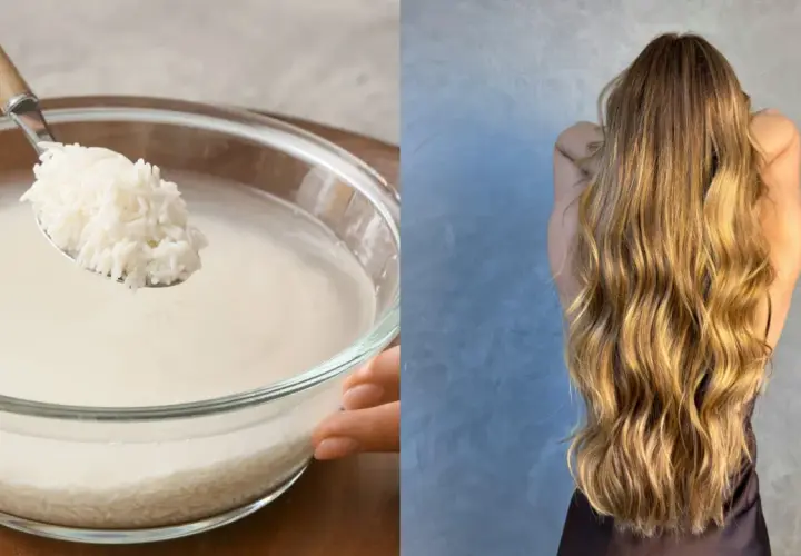 Agua de arroz para el pelo: un tazón con arroz y agua, y una mujer con cabello largo y rubio.