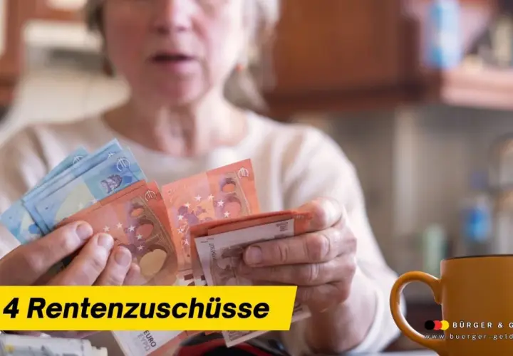 Frau zählt Geld, vielleicht für die Rente oder einen Nebenerwerb in der Landwirtschaft. Gelbe Tafel mit "4 Rentenzuschüsse".