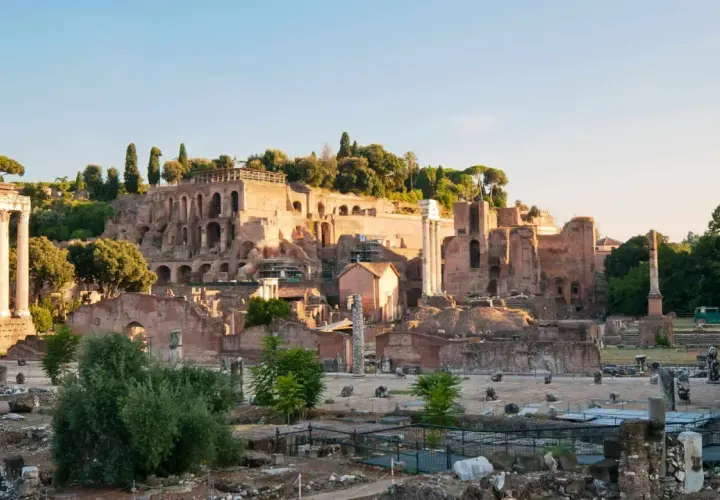 Ruines antiques sur le mont Palatin à Rome, baignées par la lumière dorée du soleil. Des colonnes brisées et des murs de briques témoignent de la grandeur passée.