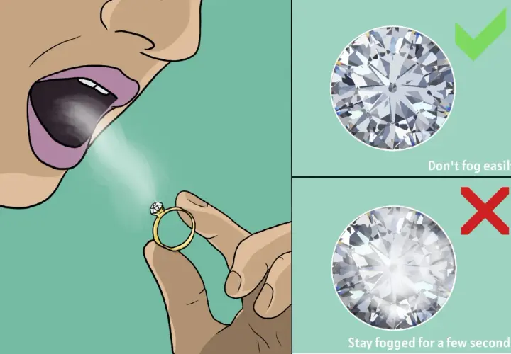 So wie erkennt man Diamanten als Laie: Ein echter Diamant beschlägt nicht lange. Ein gefälschter bleibt länger beschlagen.