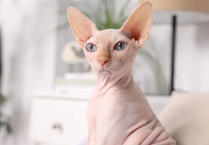Un chat égyptien sans poil, aux yeux bleus perçants, pose avec dignité. Sa peau ridée et rose est douce au toucher.