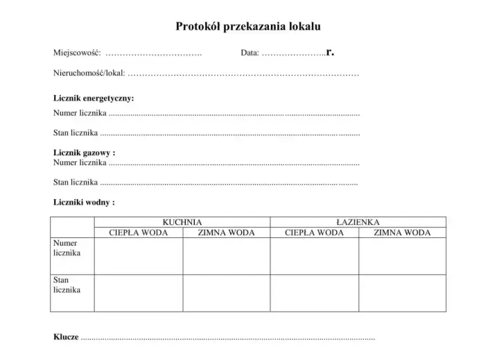 Protokół zdawczo odbiorczy domu zawiera pola na dane nieruchomości, liczniki (energetyczny, gazowy, wodne w kuchni i łazience) oraz klucze.