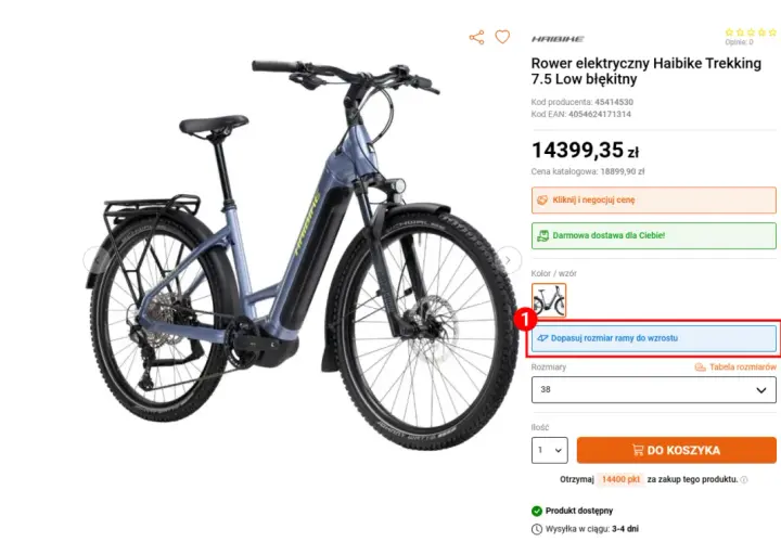 Błękitny rower elektryczny Haibike Trekking 7.5 Low. Kliknij "Dopasuj rozmiar ramy do wzrostu", aby dowiedzieć się, jak zmierzyć przekrok.
