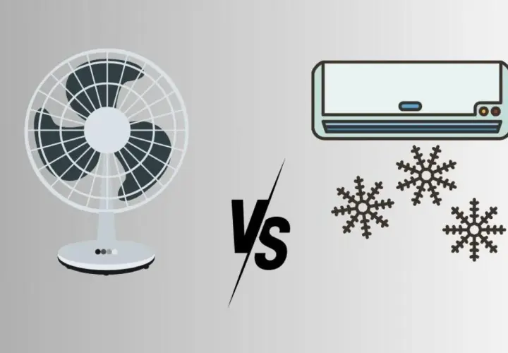 Ventilador vs. aire acondicionado. El ventilador genera brisa, el aire acondicionado, frío con copos de nieve.