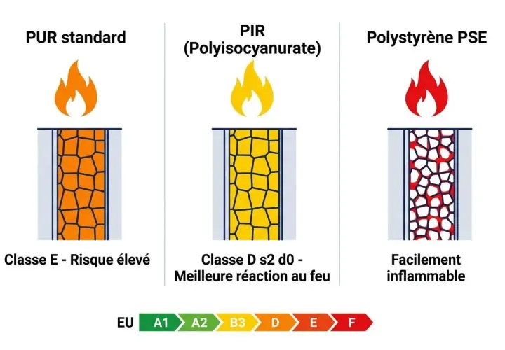 Comparaison de la réaction au feu de l'isolation : PUR standard (classe E), PIR (meilleure réaction) et polystyrène PSE (facilement inflammable).