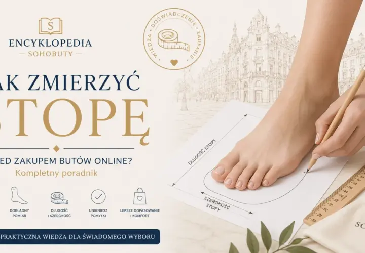 Kobieta mierzy stopę ołówkiem na papierze, by dobrać idealne buty. Poradnik "Jak zmierzyć stopę" z zaznaczoną długością i szerokością. Podeszwa buta będzie dopasowana.