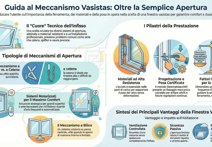 Guida al meccanismo vasistas: illustra i tipi di apertura, come il compasso e la catena, e i sistemi motorizzati, evidenziando l'importanza della ferramenta.