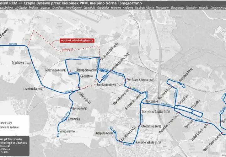 Mapa z zaznaczoną trasą autobusu w Gdańsku, z przystankami i nazwami ulic.