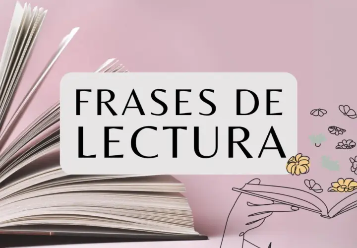 Un libro abierto inspira **frases de lectura cortas y bonitas**. Ilustraciones de flores y manos leyendo añaden encanto.