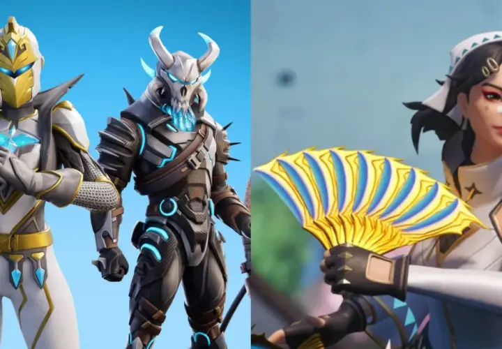 Postacie z Fortnite: rycerz w bieli i złocie, wojownik z czaszką i dziewczyna z wachlarzem. Spocone kilofy Fortnite czekają na graczy!