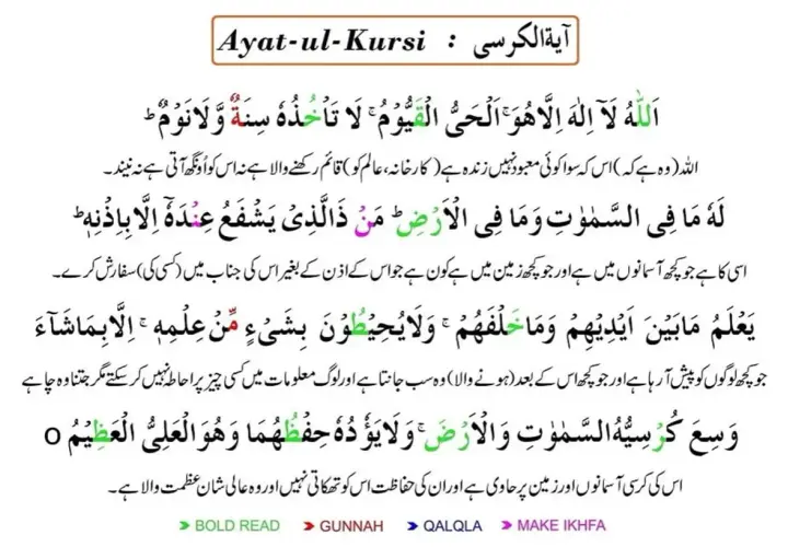 Arabic calligraphy of Ayat al-Kursi with Swedish translation and colored highlights.
