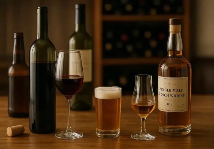 Butelki wina, piwa i whisky na drewnianym stole. W tle regał z winami. Wibracje lodówki mogły zaszkodzić winu.
