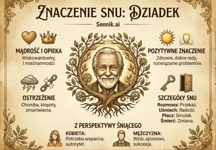 Sennik: dziadek symbolizuje mądrość, opiekę i pozytywne znaczenie snu. Ostrzega przed chorobą i kłopotami.