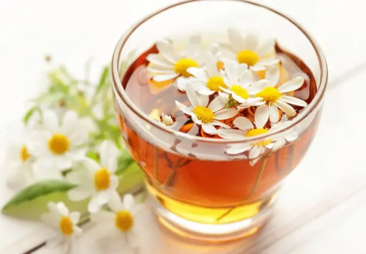 Un bicchiere di camomilla per bambini, con fiori freschi che galleggiano nella bevanda dorata.