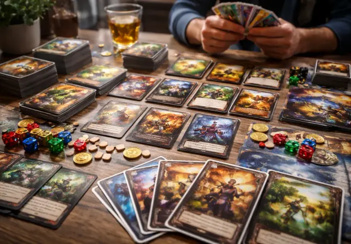 Stół pełen kart do gry fantasy, kostek i monet. Gracze przygotowują się do epickiej rozgrywki.