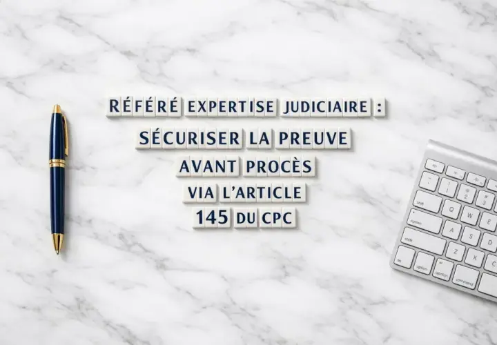 Un stylo et un clavier sur fond marbre. Des lettres forment "Référé expertise judiciaire : sécuriser la preuve avant procès via l'article 145 du CPC".