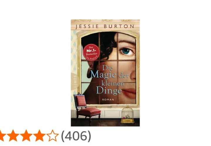 Jessie Burtons Roman "Die Magie der kleinen Dinge" zeigt ein Auge und Lippen hinter einem Fenster. Ein Sessel und ein Vogelkäfig deuten auf die Magie der kleinen Dinge hin.