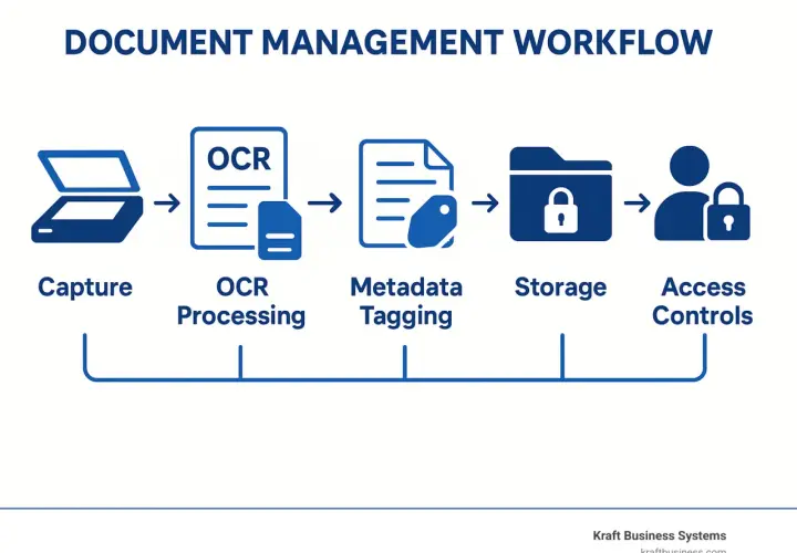 Flux de gestion documentaire : capture, traitement OCR, mise en place d'un index (métadonnées), stockage et contrôles d'accès.