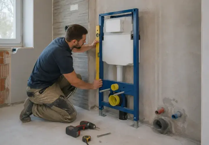 Instalator precyzyjnie montuje stelaż Geberit w ścianie, używając poziomicy.