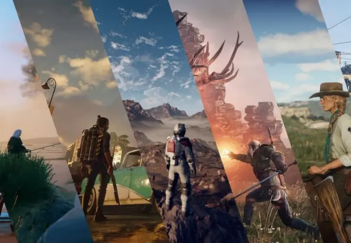 Wielobarwny kolaż scen z gier, od Gwiezdnych Wojen po westerny i fantasy. Każdy fragment to inny świat, pełen przygód i możliwości w **sandbox**!