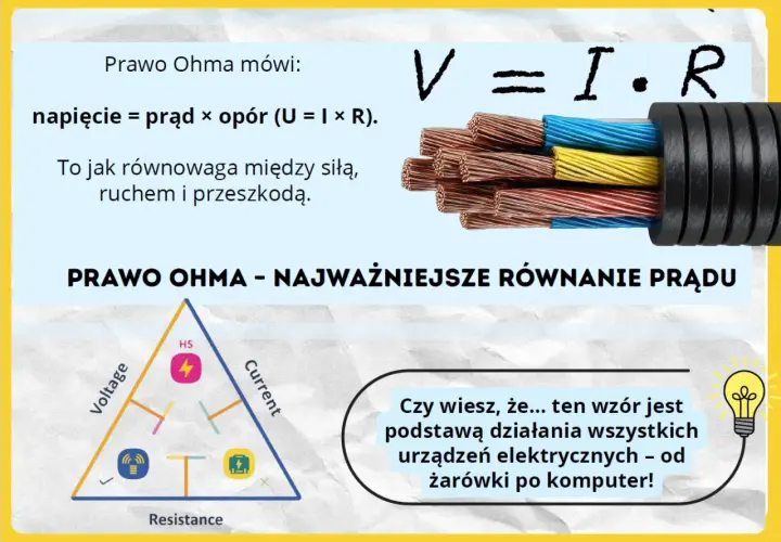 Prawo Ohma: napięcie = prąd × opór (U=I×R). Ten wzór, jak równowaga siły, ruchu i przeszkody, to podstawa działania urządzeń elektrycznych.
