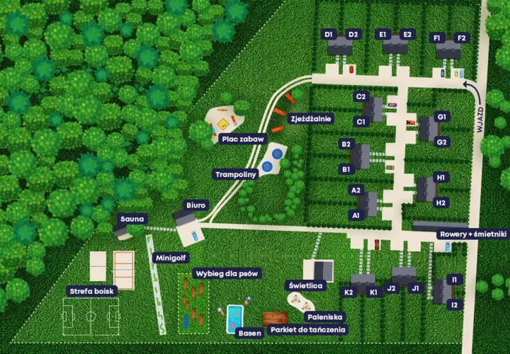 Mapa ośrodka z atrakcjami: plac zabaw, trampoliny, zjeżdżalnie, minigolf, basen, sauna, strefa boisk. Jura Krakowsko-Częstochowska oferuje wiele możliwości wypoczynku.
