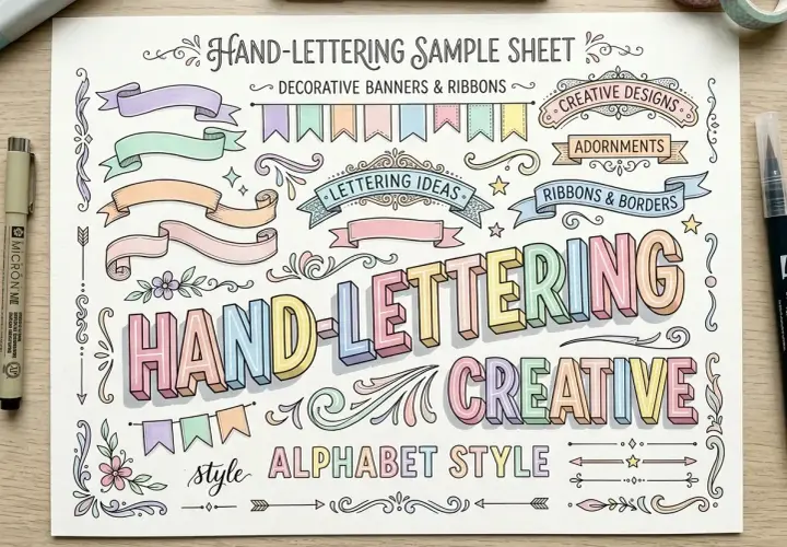 Hoja de muestra de lettering con ideas de letras para títulos, adornos, cintas y bordes en estilo alfabeto.