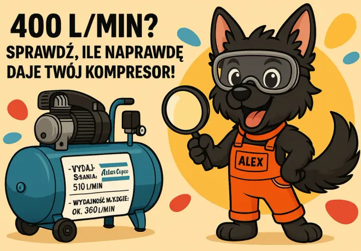Alex, piesek w ogrodniczkach, pokazuje, jak obliczyć wydajność kompresora. Na etykiecie zbiornika widać dane: 510 L/min i 360 L/min.