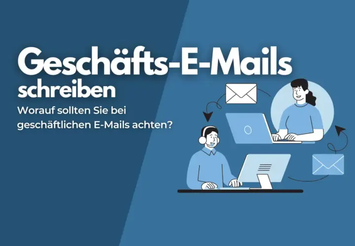 Geschäftliche E-Mails schreiben: Tipps zur e-mail etikette. Illustration zeigt Personen, die an Computern arbeiten und E-Mails austauschen.