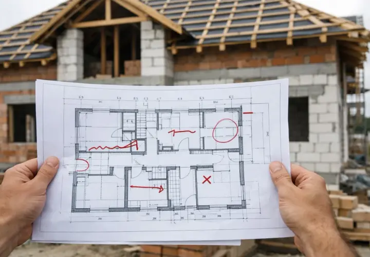 Kierownik budowy analizuje projekt domu w budowie, zaznaczając czerwonymi symbolami jakie zmiany w projekcie może wprowadzić.