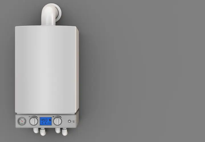 Nowoczesny piec gazowy z wyświetlaczem wskazującym temperaturę 49°C. Urządzenie pracuje w trybie eco, co sugeruje efektywne wykorzystanie energii i minimalizację kondensacji w piecu gazowym.