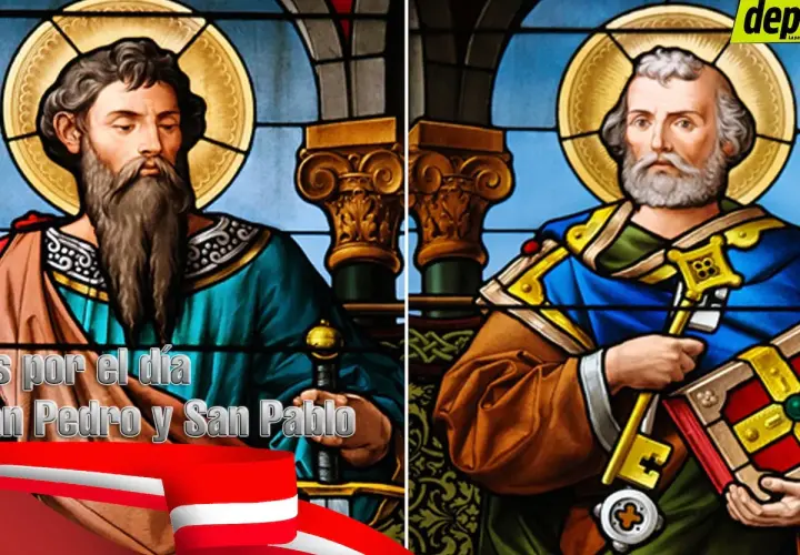 Vitrales de San Pedro y San Pablo, celebrando su día. San Pablo, con espada, y San Pedro, con llaves y libro.