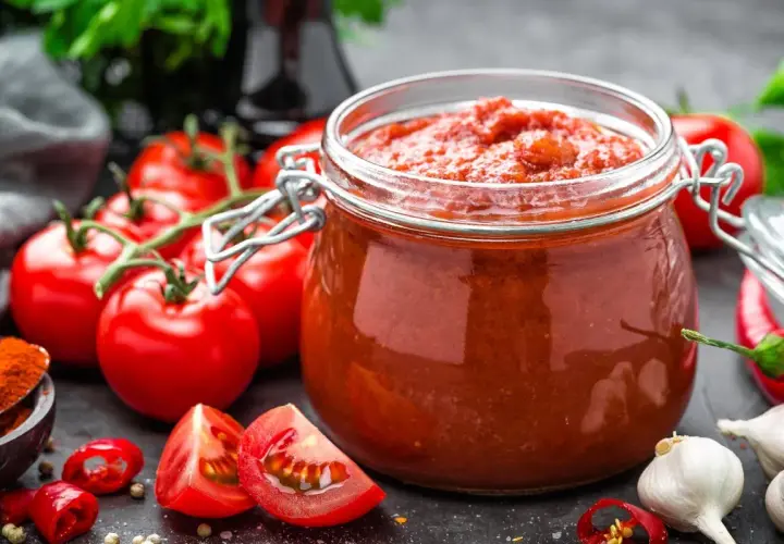 Słoik domowego sosu z przecieru pomidorowego, obok świeże pomidory, czosnek i papryczki chili. Idealny przepis, jak zrobić sos z przecieru pomidorowego.