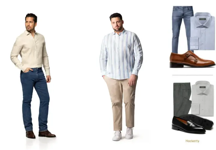 Zwei Männer in lässiger Business-Kleidung: einer in Jeans und hellem Hemd, der andere in Chinos und gestreiftem Hemd. Daneben Outfits mit Hemden, Hosen und Schuhen.