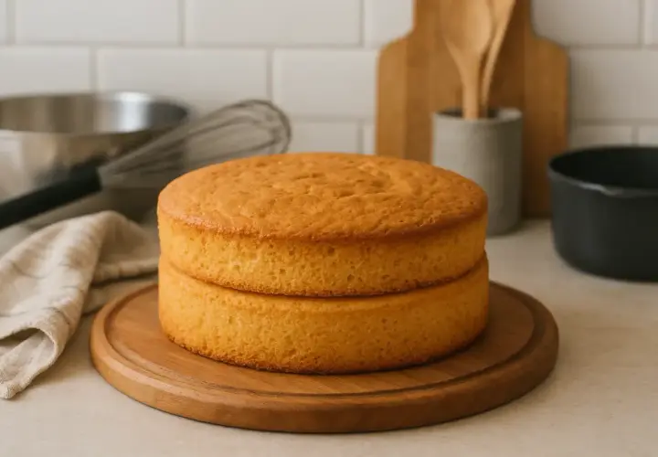Deux disques de pâte à cake dorés, prêts à être assemblés. Idéal pour conserver la fraîcheur au frigo avant décoration.