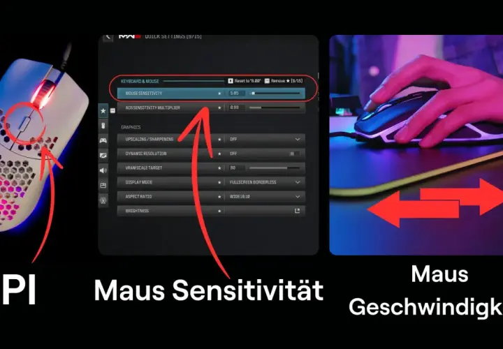 Gaming-Maus mit leuchtenden Akzenten und Einstellungen für Maus-Sensitivität. Was ist eDPI? Es ist die Kombination aus DPI und In-Game-Sensitivität.
