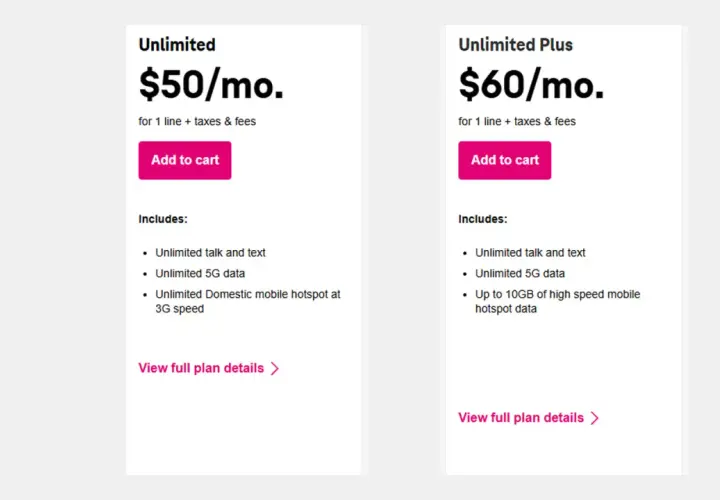 Porównanie planów T-Mobile: Unlimited za $50/mies. (nielimitowany internet 5G, hotspot 3G) i Unlimited Plus za $60/mies. (nielimitowany internet 5G, 10GB szybkiego hotspotu). Idealne dla eSIM.