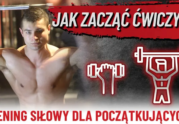 Jak zacząć ćwiczyć? Siłownia plan treningowy dla początkujących. Młody mężczyzna z sztangą, ikony ćwiczeń.