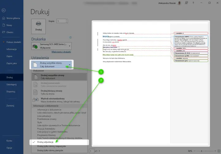 Ustawienia drukowania: wybierz "Drukuj wszystkie strony" lub "Cały dokument" dla wydruku.