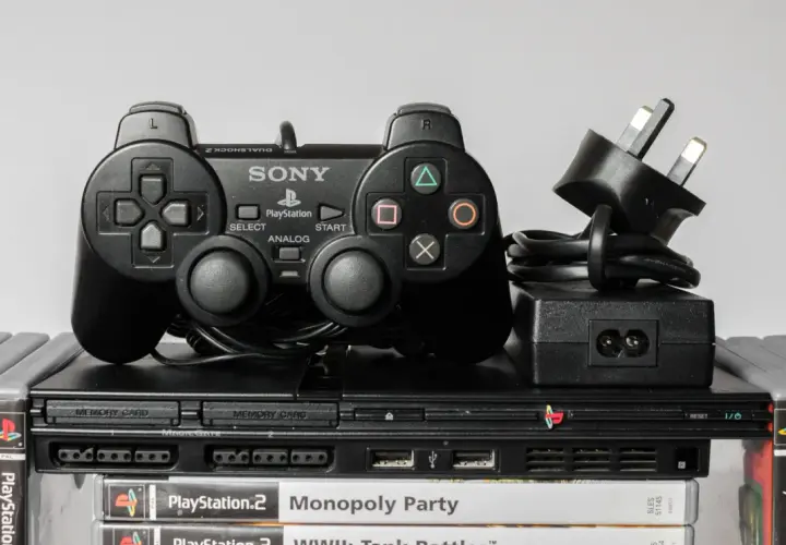 Konsola PlayStation 2 z kontrolerem i grami, idealna do uruchomienia jako ps2 emulator android.