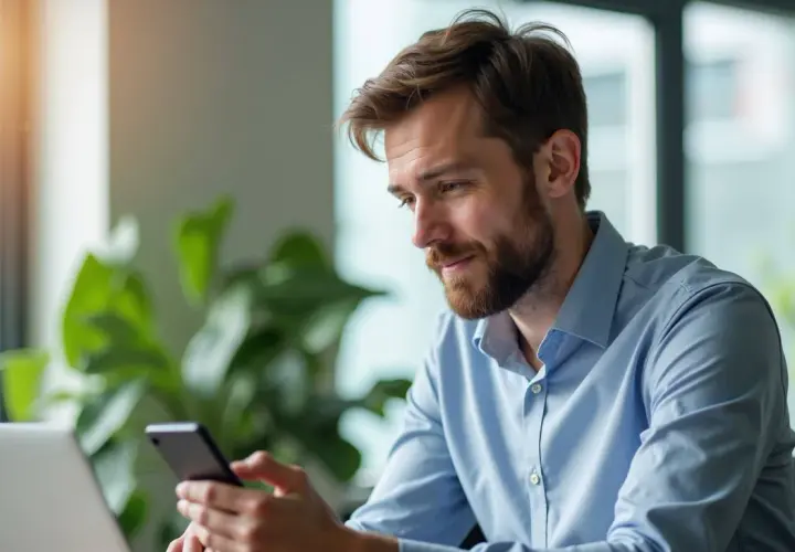 Mężczyzna z brodą korzysta z telefonu i laptopa, planując leasing w Peako.